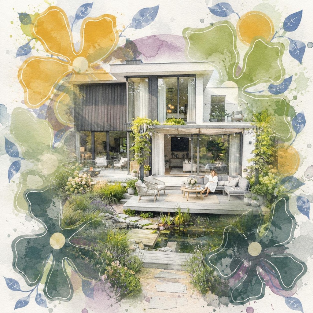 Moderne Villa am Schwimmteich — Architektur und florale Fusion