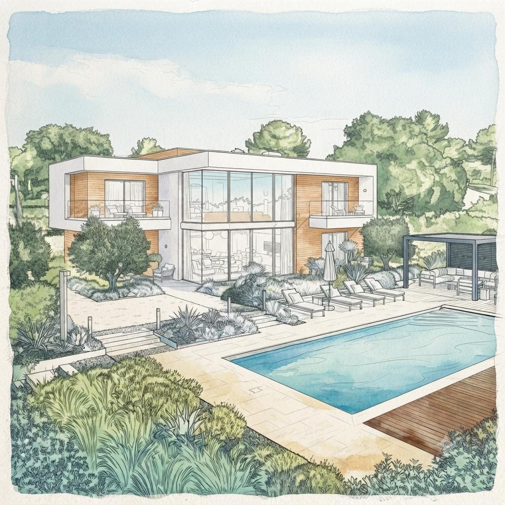 Lichtdurchflutete Villa mit Pool — Federzeichnung & Aquarell