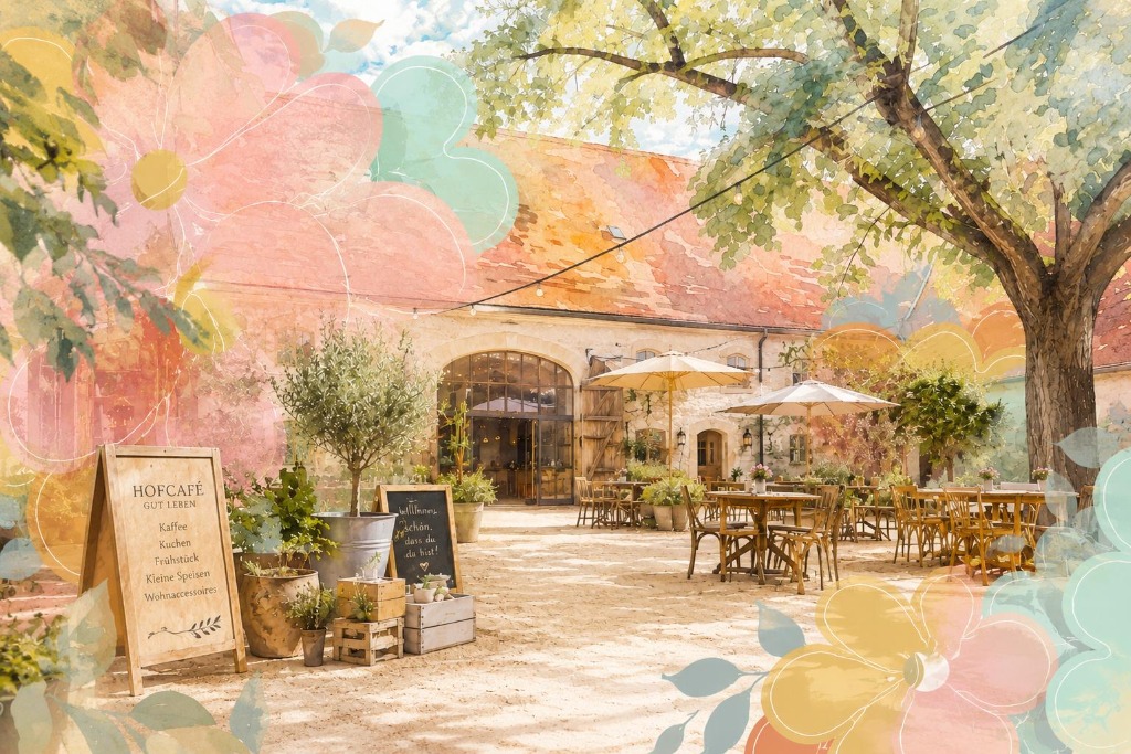 Individuelles Kunstwerk — Hofcafé Gut Leben als Architektur-Aquarell mit floralen Elementen